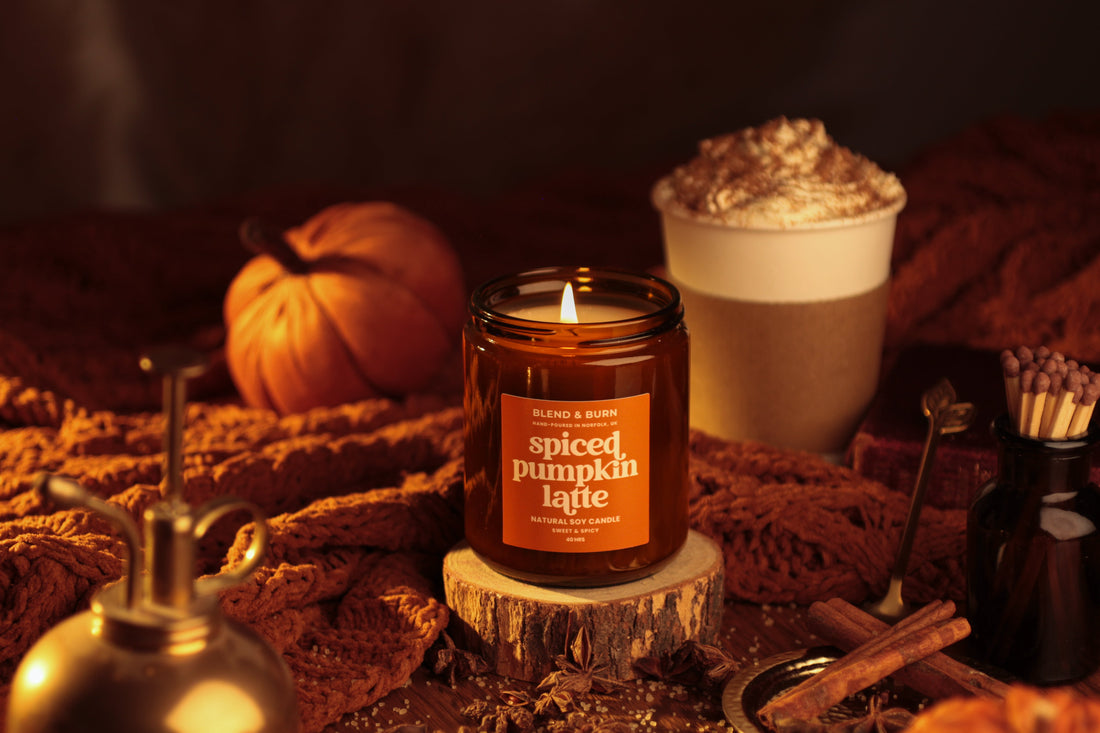 Lit Blend & Burn Pumpkin Spiced Latte soy candle with a pumpkin, a latte and cinnamon sticks