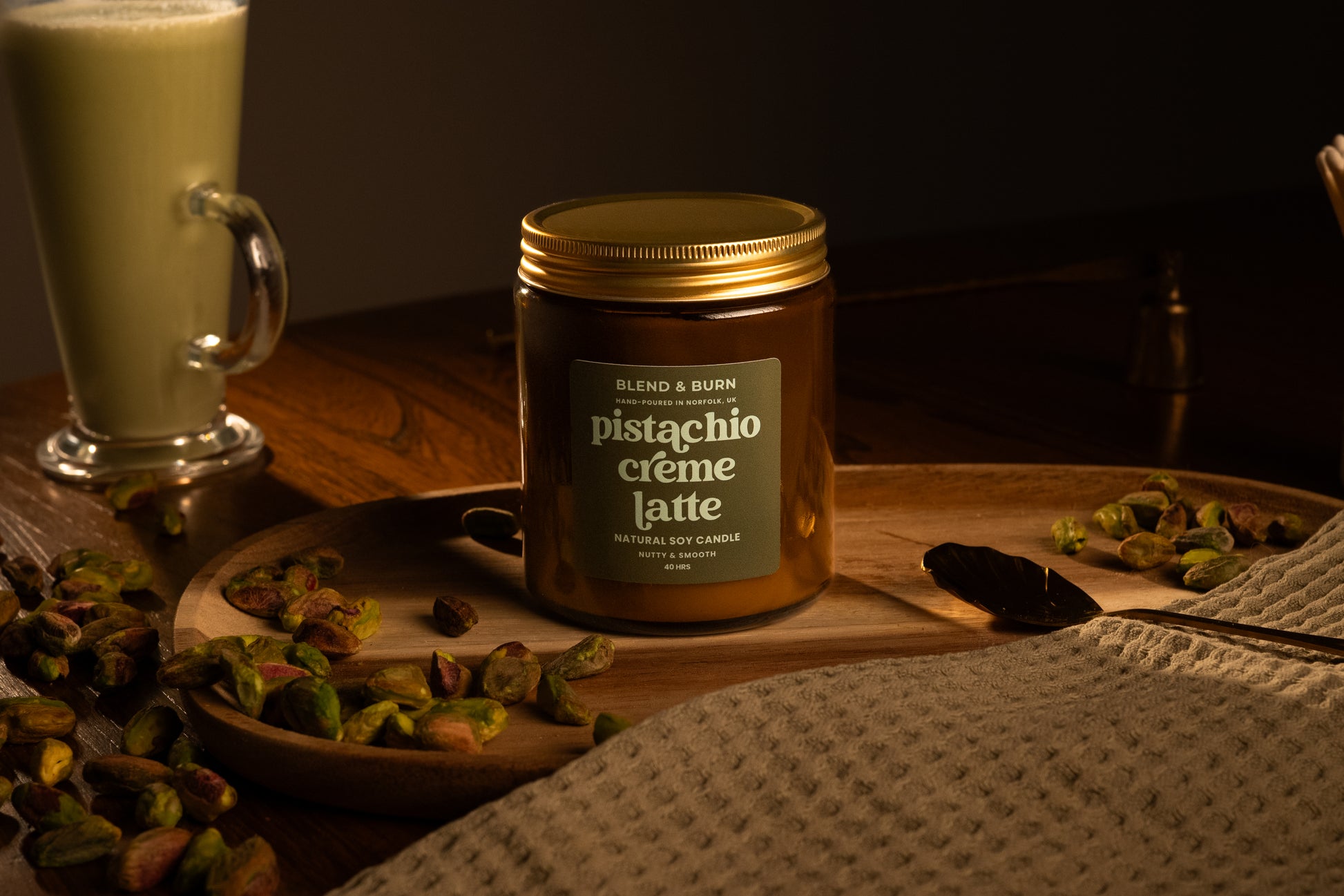 Blend & Burn – Norfolk Natural Soy Candles – Pistachio Creme Latte – Pistachio Scented Candle – Non Toxic – Luxury – Handmade - High Quality – Dubai Chocolate