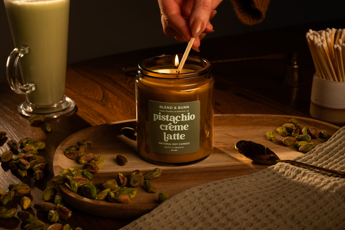 Blend & Burn – Norfolk Natural Soy Candles – Pistachio Creme Latte – Pistachio Scented Candle – Non Toxic – Luxury – Handmade - High Quality – Dubai Chocolate