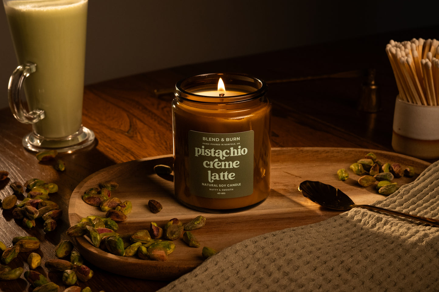 Blend & Burn – Norfolk Natural Soy Candles – Pistachio Creme Latte – Pistachio Scented Candle – Non Toxic – Luxury – Handmade - High Quality – Dubai Chocolate