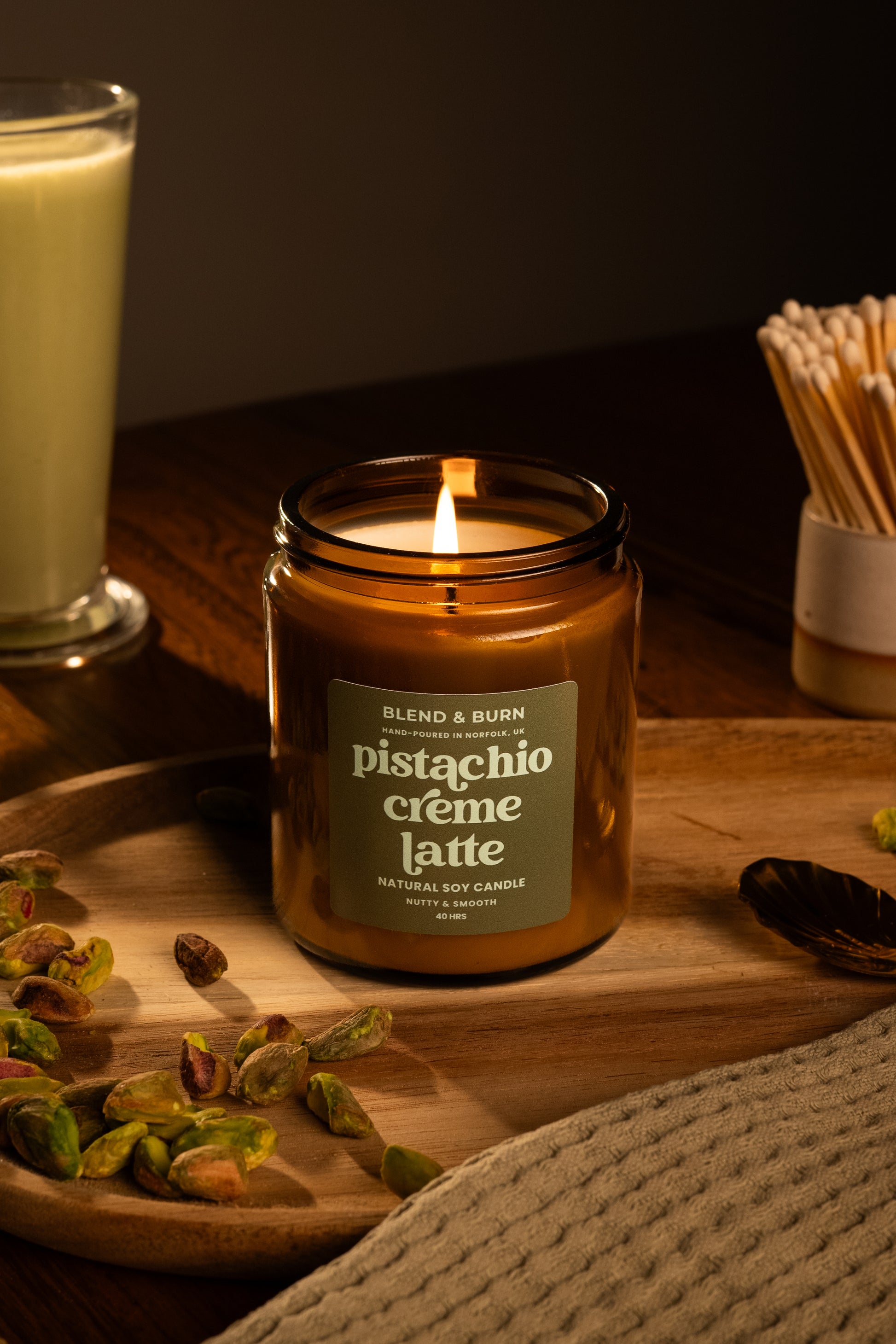 Blend & Burn – Norfolk Natural Soy Candles – Pistachio Creme Latte – Pistachio Scented Candle – Non Toxic – Luxury – Handmade - High Quality – Dubai Chocolate