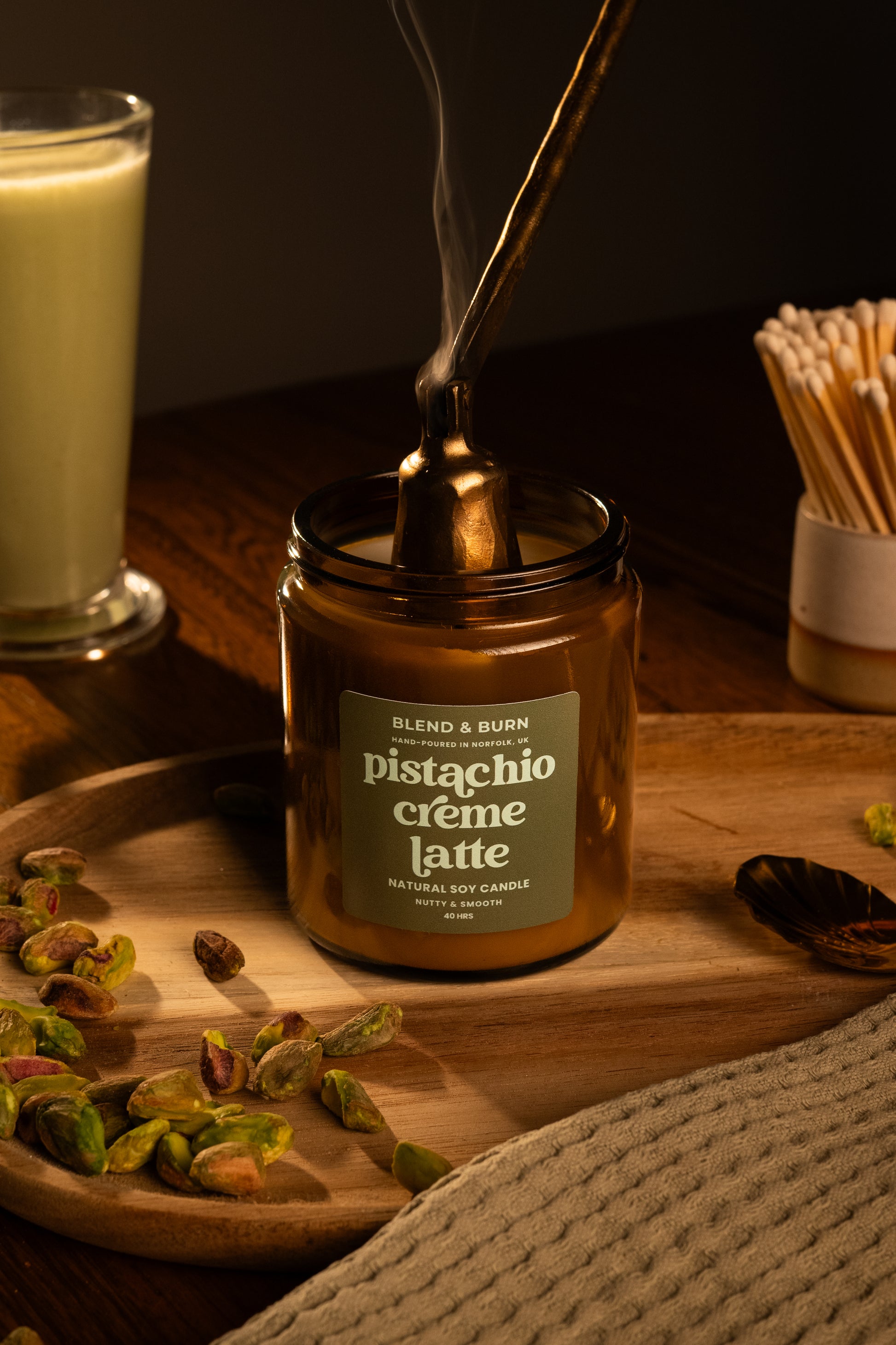 Blend & Burn – Norfolk Natural Soy Candles – Pistachio Creme Latte – Pistachio Scented Candle – Non Toxic – Luxury – Handmade - High Quality – Dubai Chocolate