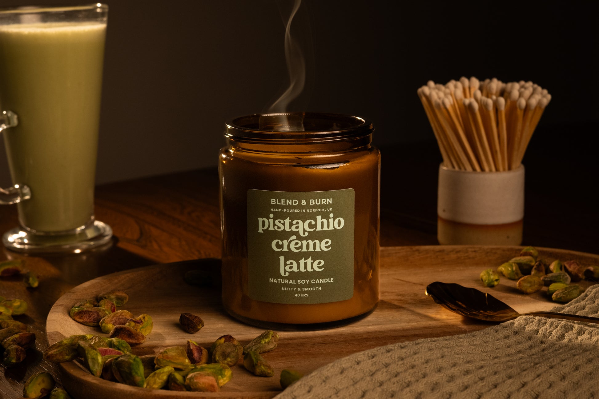 Blend & Burn – Norfolk Natural Soy Candles – Pistachio Creme Latte – Pistachio Scented Candle – Non Toxic – Luxury – Handmade - High Quality – Dubai Chocolate